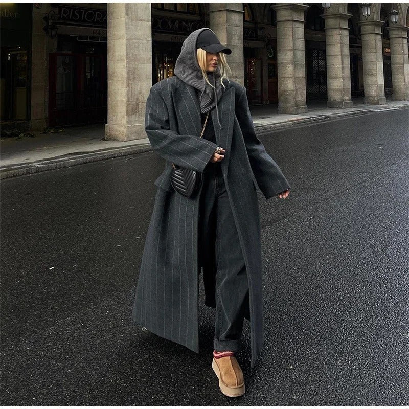 Kassidee Striped Lapel Long Coat