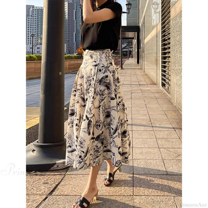 Ink Painting Skirt Autumn Winter High Waist Swing Skirt