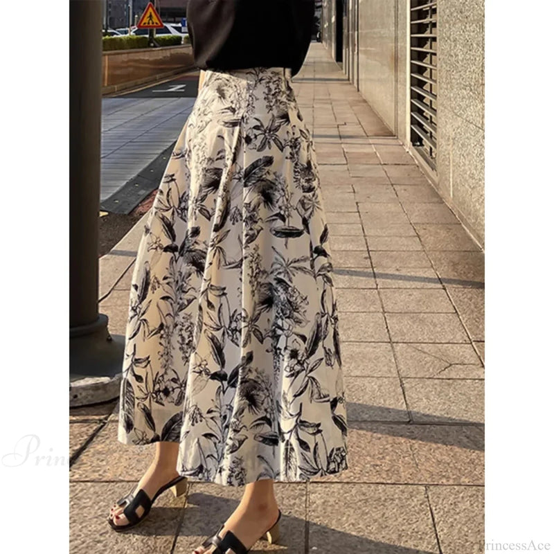 Ink Painting Skirt Autumn Winter High Waist Swing Skirt