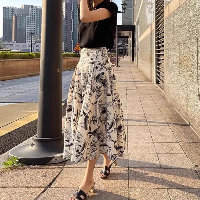 Ink Painting Skirt Autumn Winter High Waist Swing Skirt