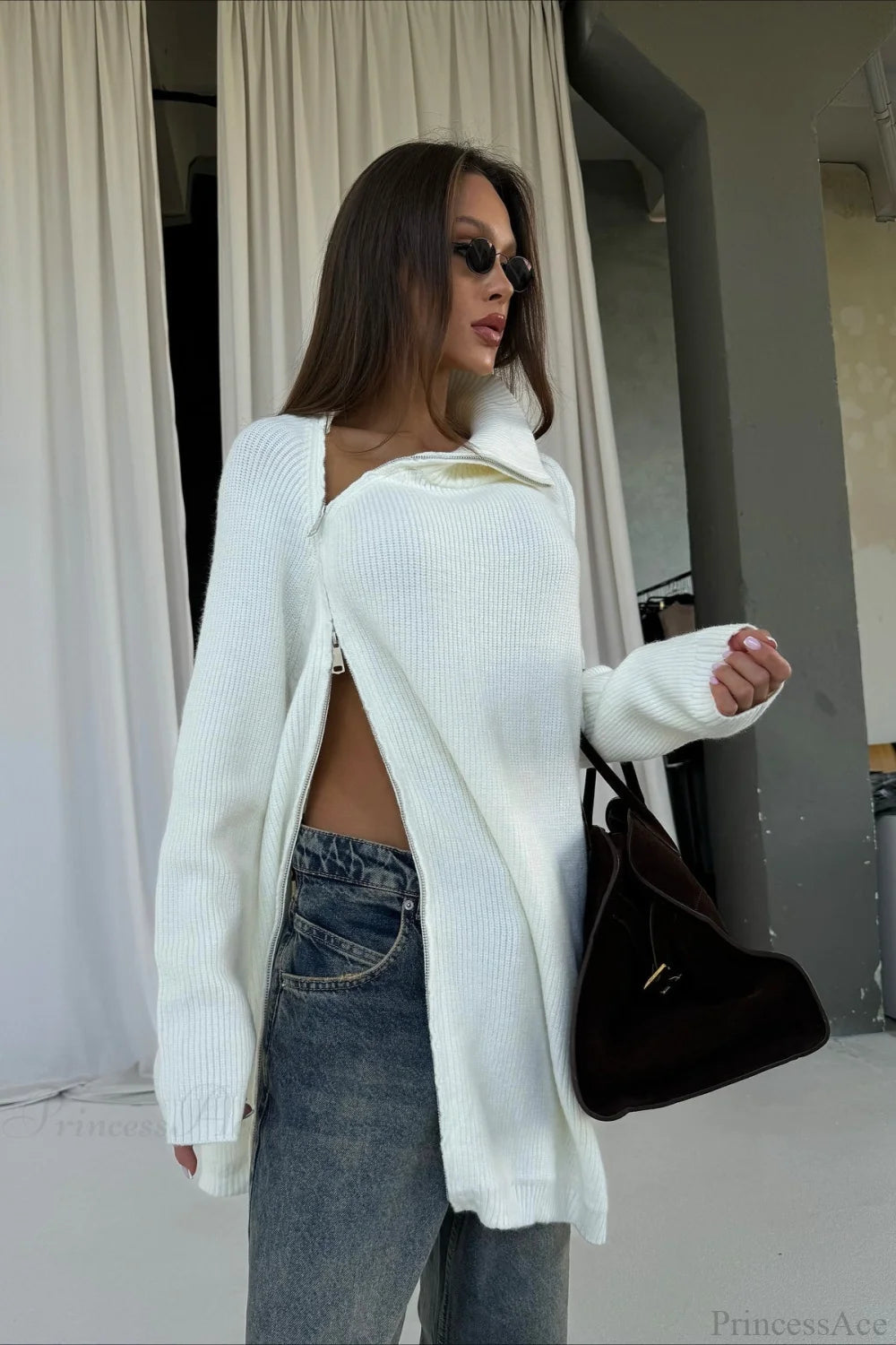 Irregular Zip High Neck Mid-length Loose Sweater