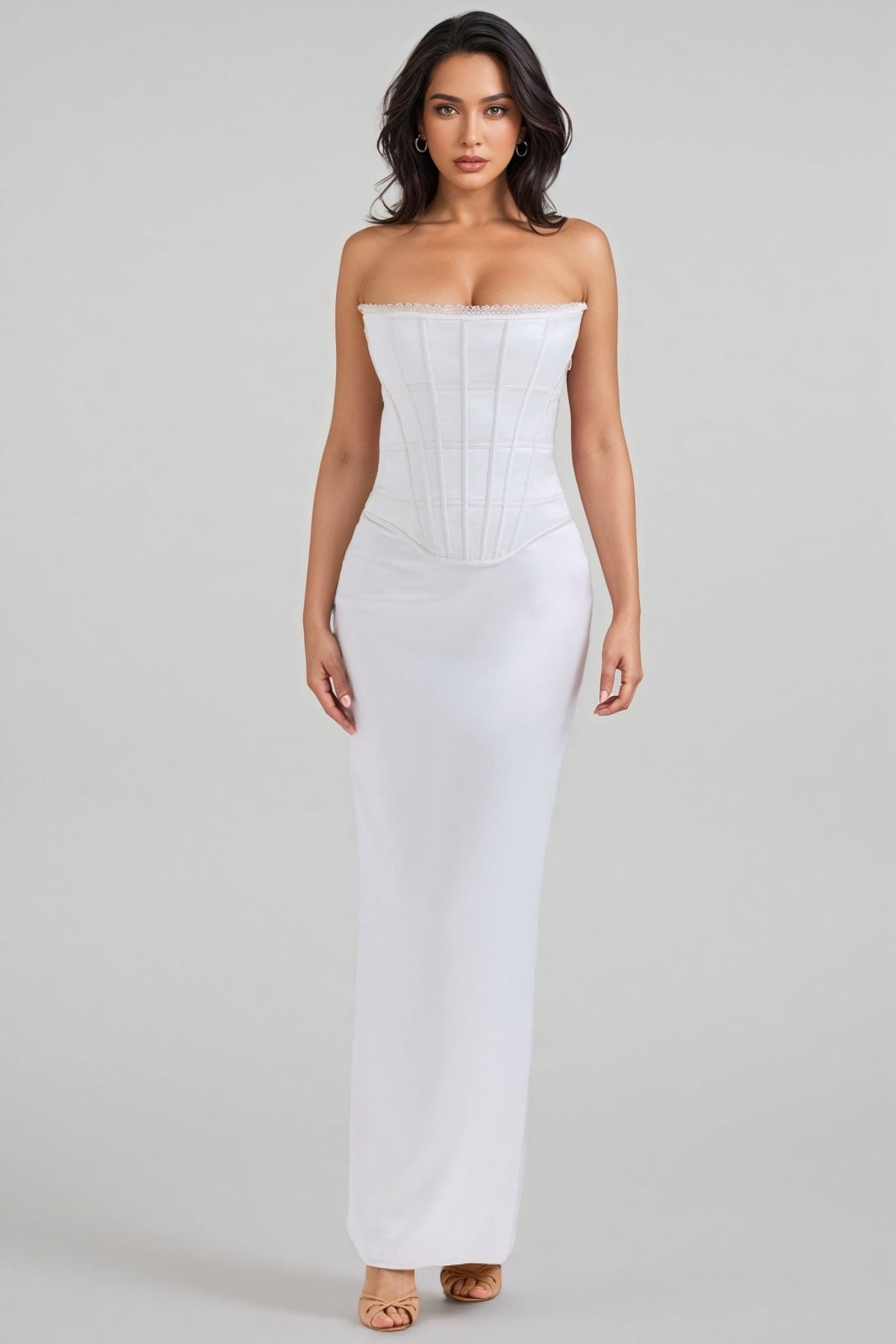 Liviad Ivory Satin Corset Maxi Dress