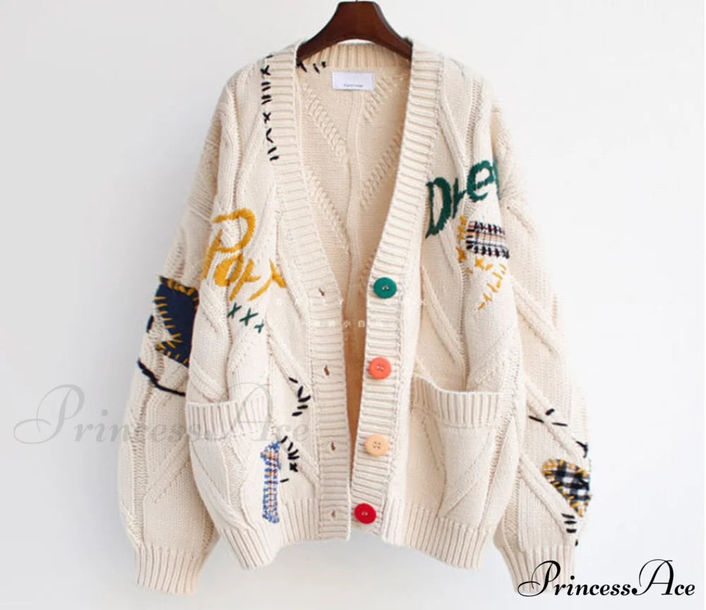 Jacket Loose Pocket Embroidery Knit Cardigan