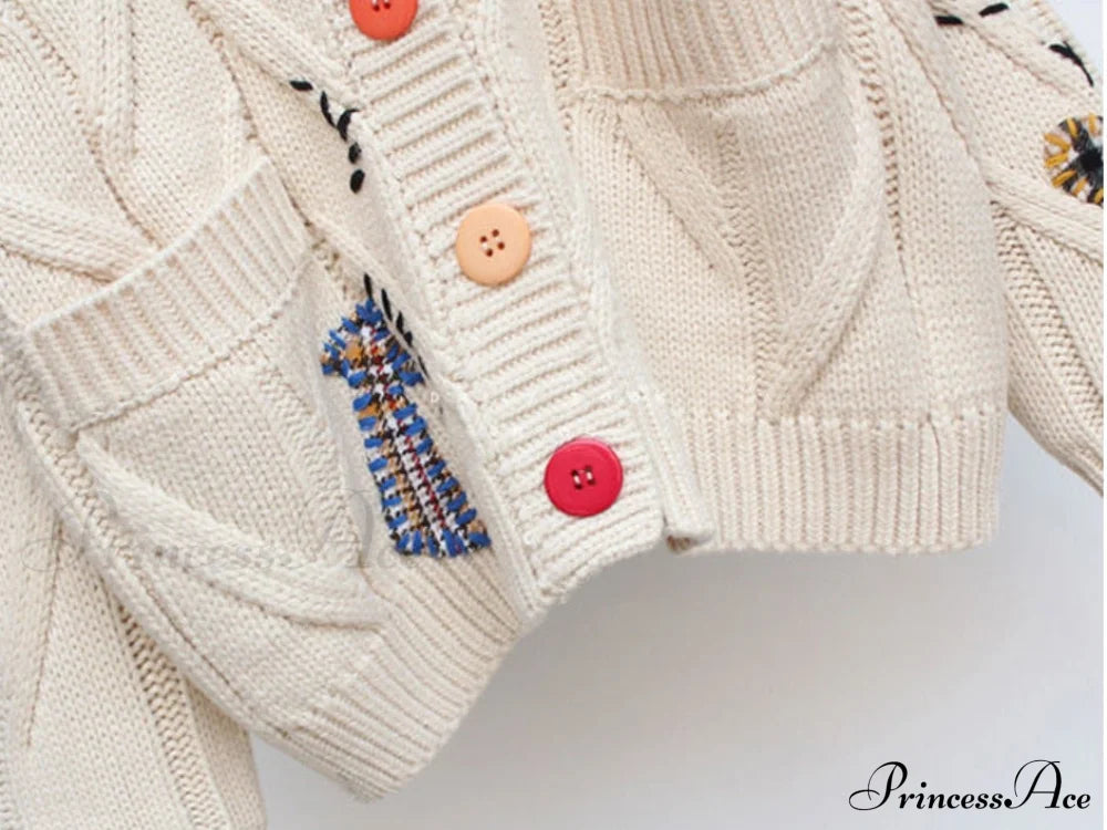 Jacket Loose Pocket Embroidery Knit Cardigan