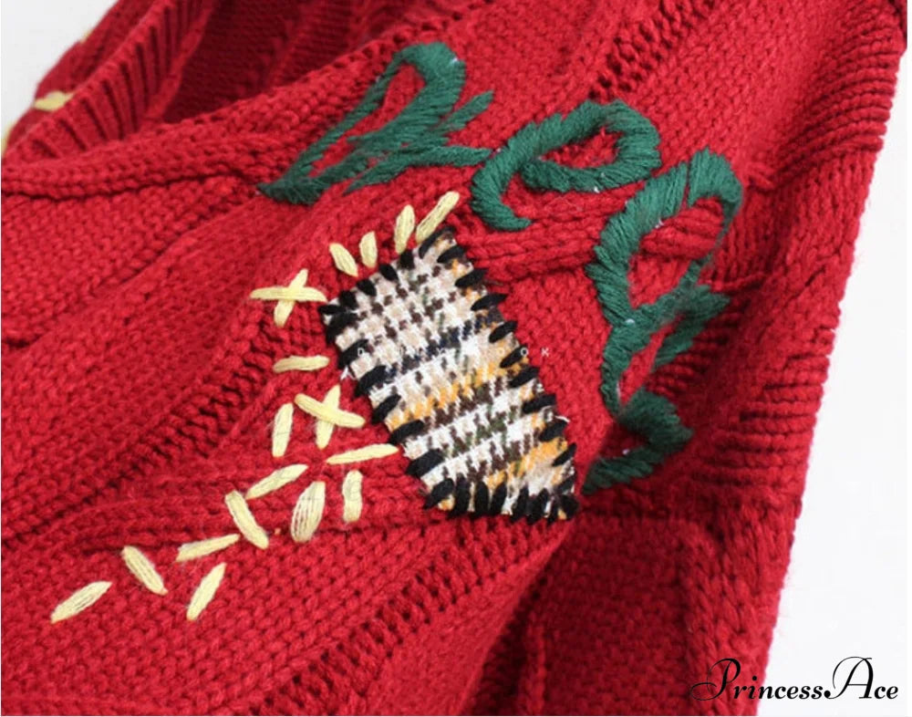 Jacket Loose Pocket Embroidery Knit Cardigan