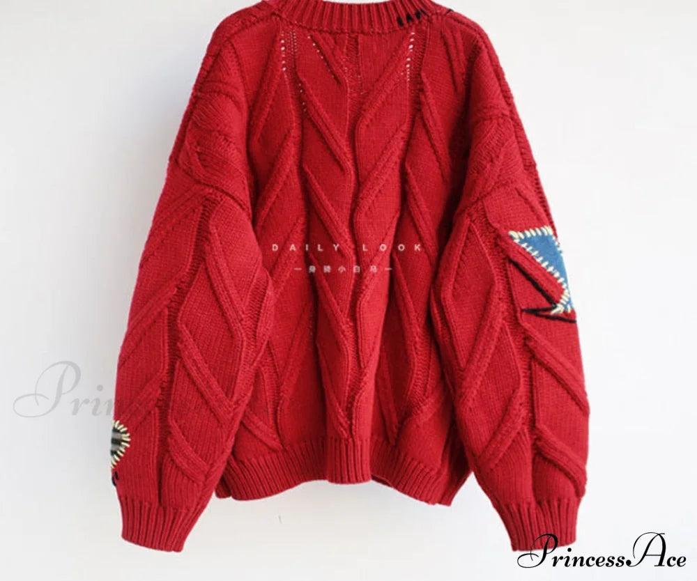 Jacket Loose Pocket Embroidery Knit Cardigan