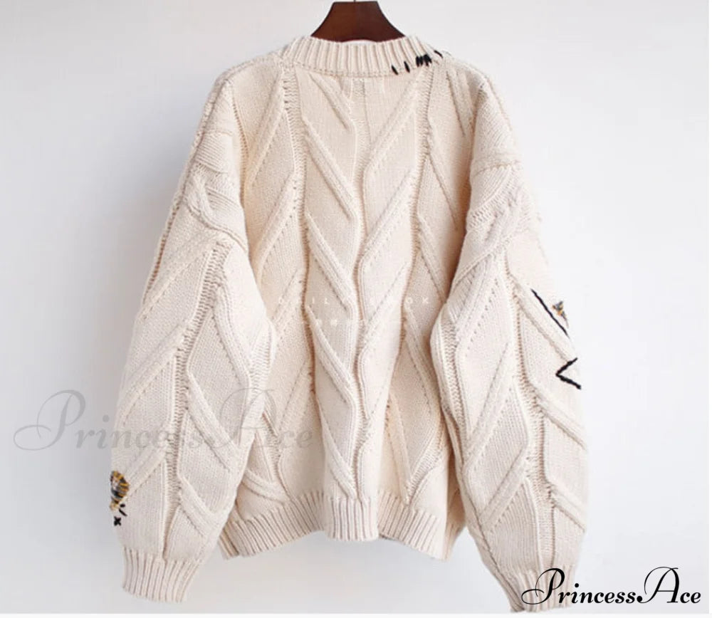 Jacket Loose Pocket Embroidery Knit Cardigan