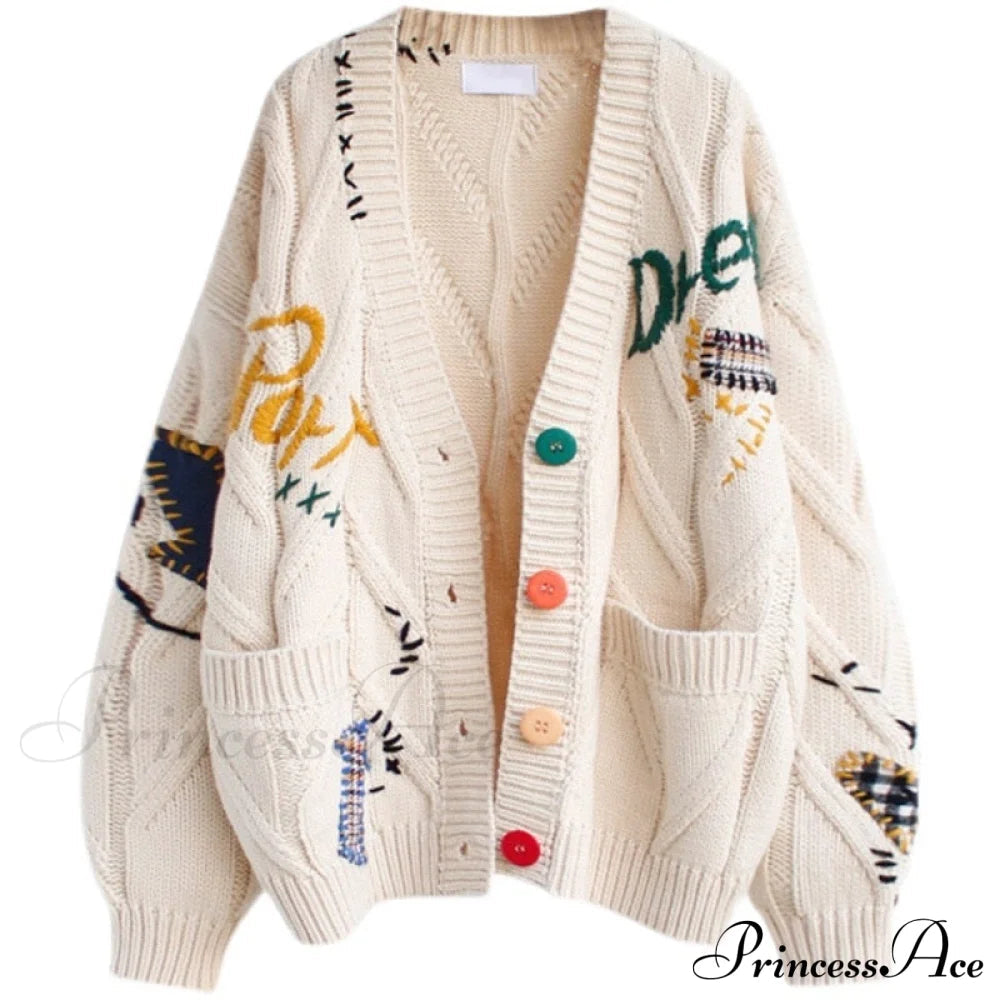 Jacket Loose Pocket Embroidery Knit Cardigan