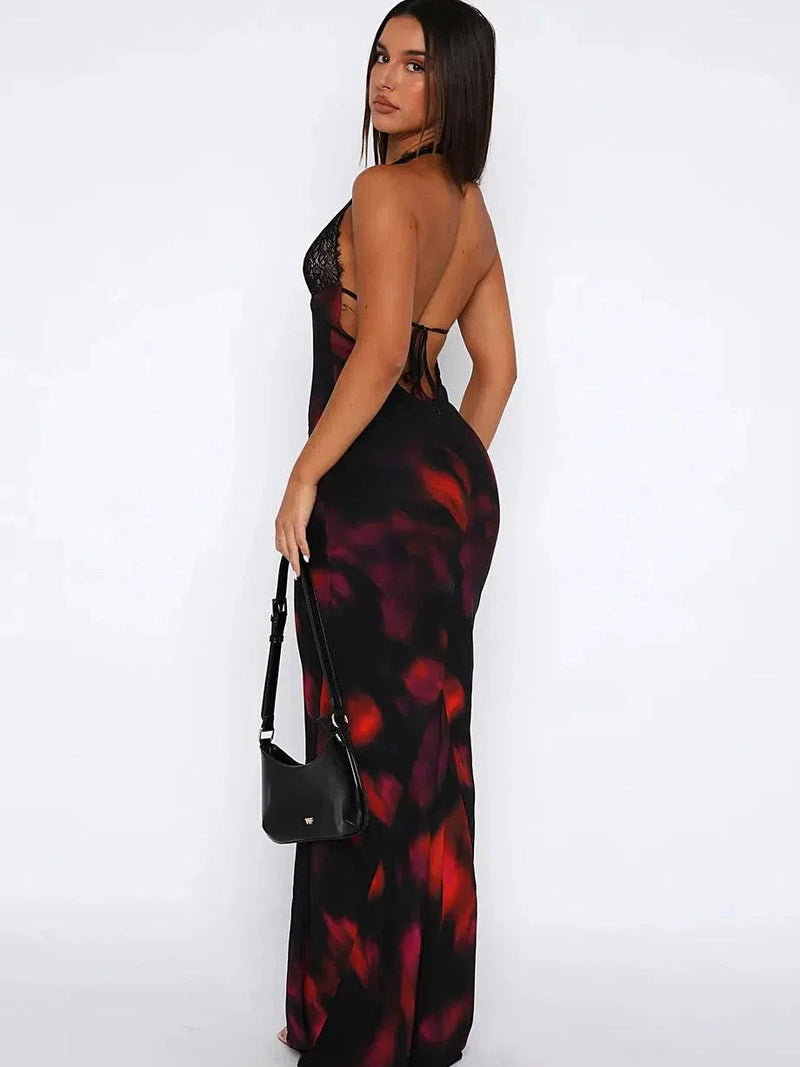 Halterneck Tie-dye Backless Lace Maxi Dress