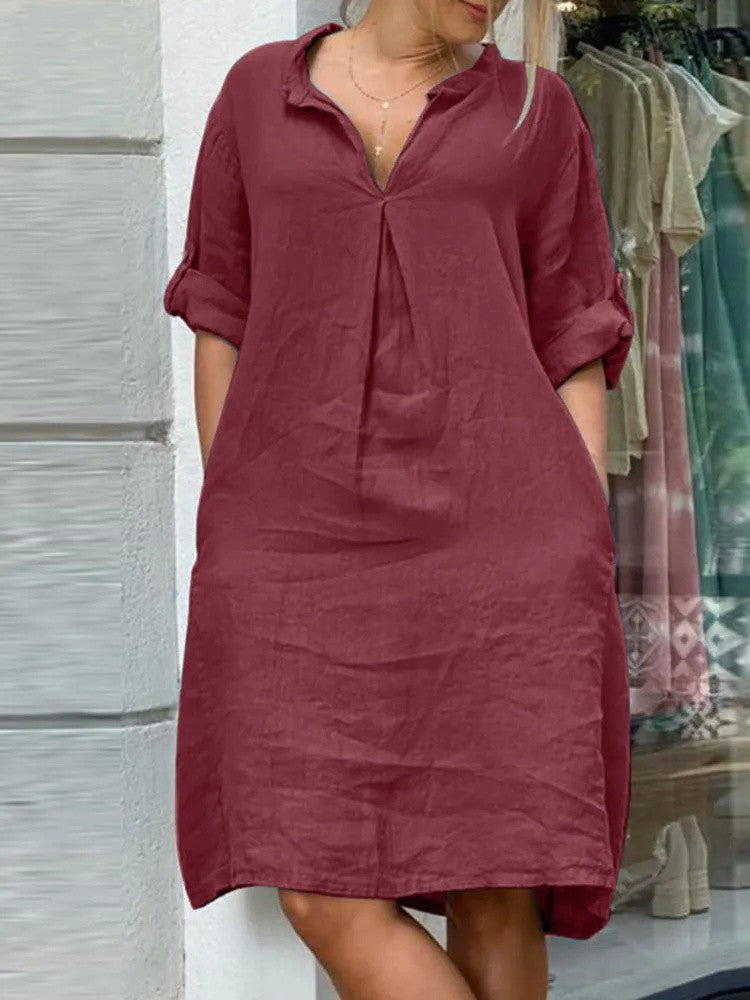 Long Sleeves V Neck Cotton-blend Midi Dress