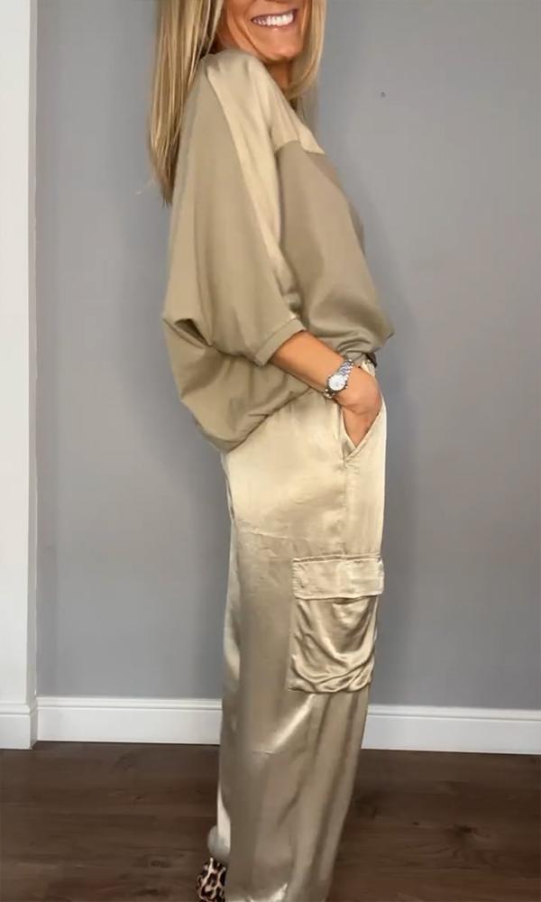 Smooth Satin Half-sleeved Top and Pant Suit Two-piece