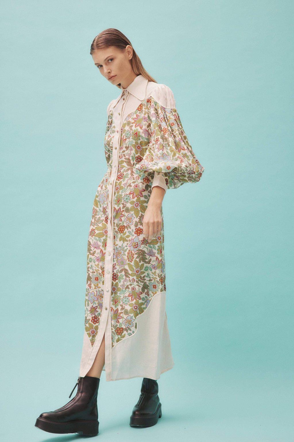 Puff Sleeve Lapel Buttoned Midi Dress
