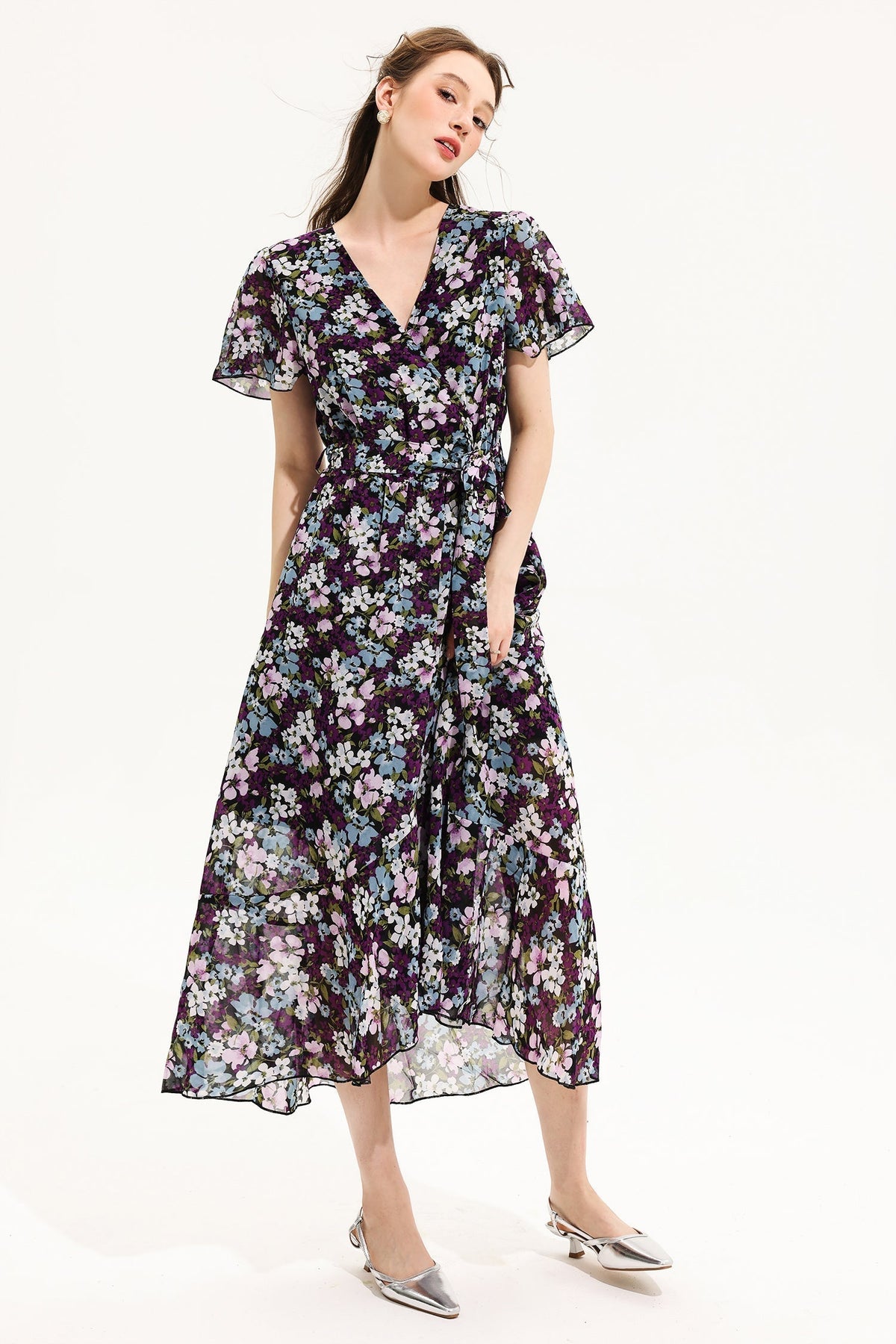 V-neck Short Sleeve Midi Dress Yellow