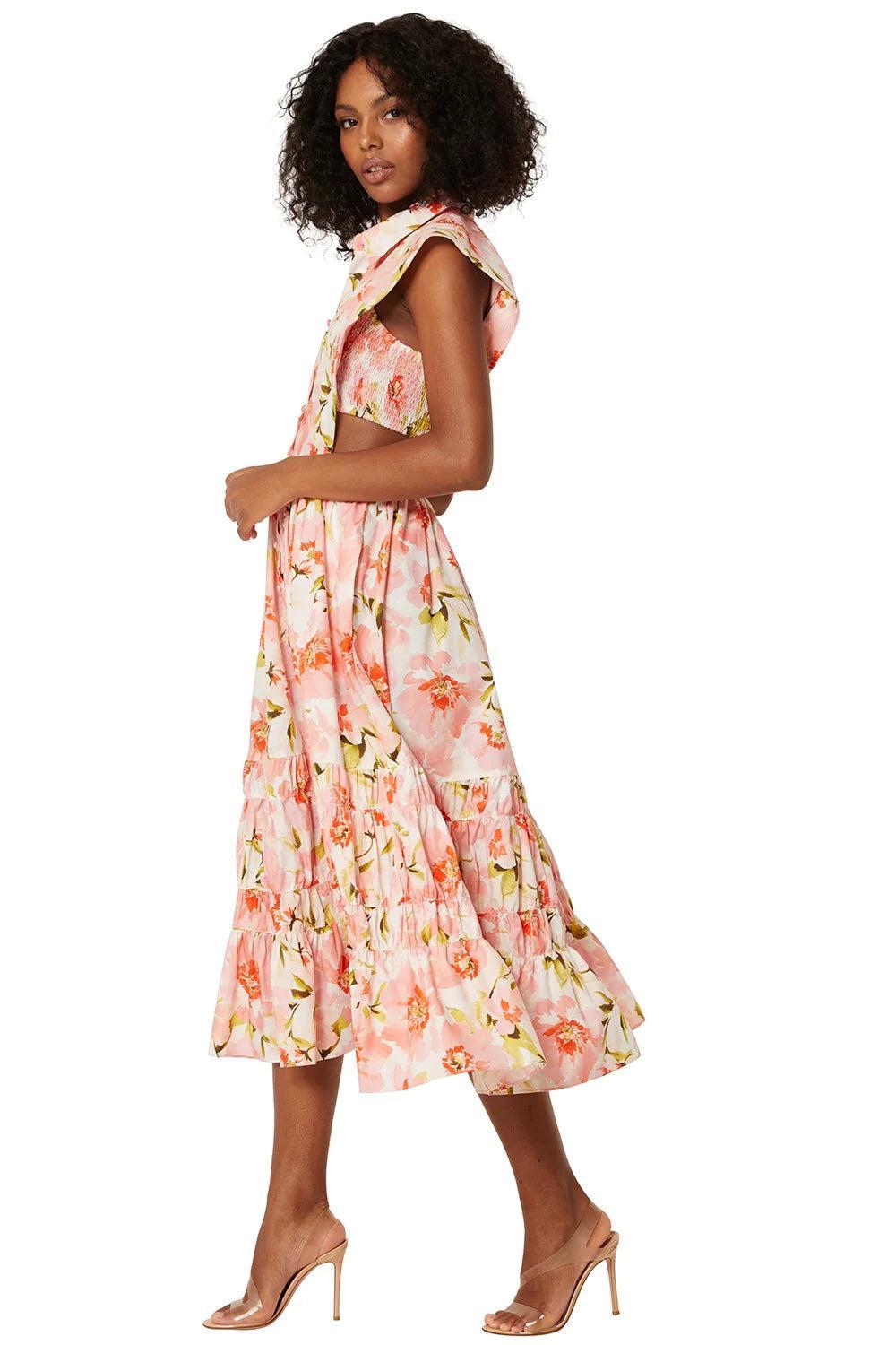 Lapel Collar Buckle Smocked Elastic Midi Dress