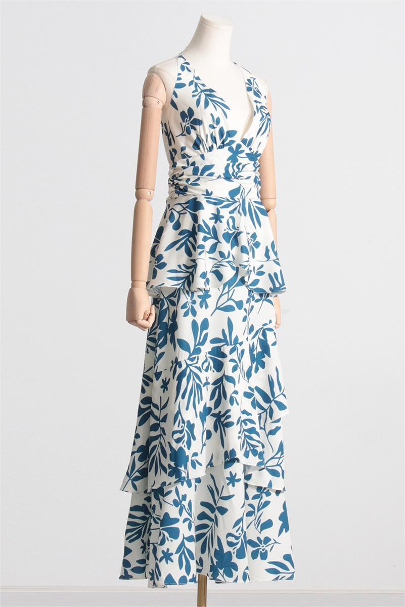 V-neck Cami Printed Ruffle Hem Maxi Dress