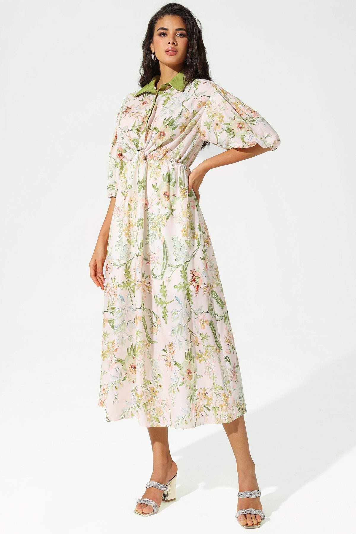 Mid Sleeve Lapel Lace Up Midi Dress
