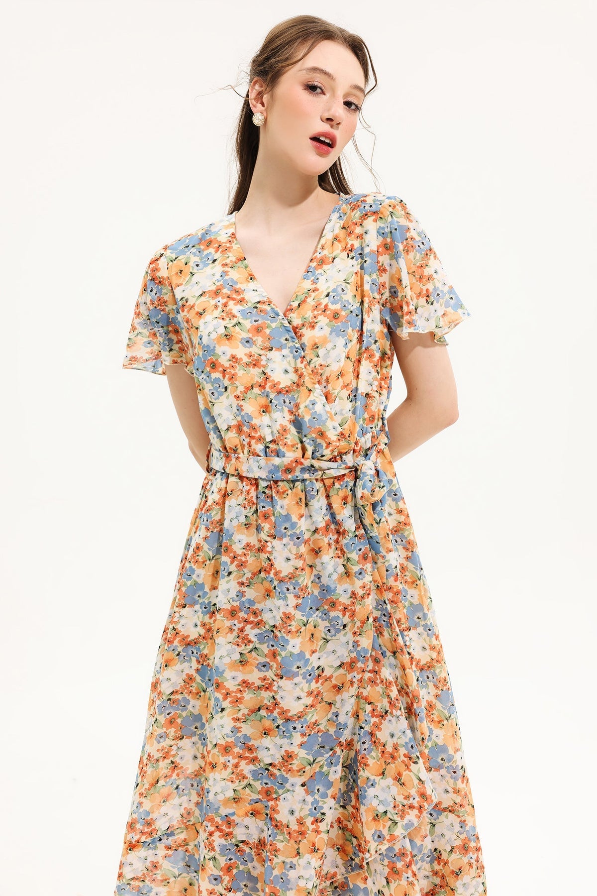 V-neck Short Sleeve Midi Dress Yellow