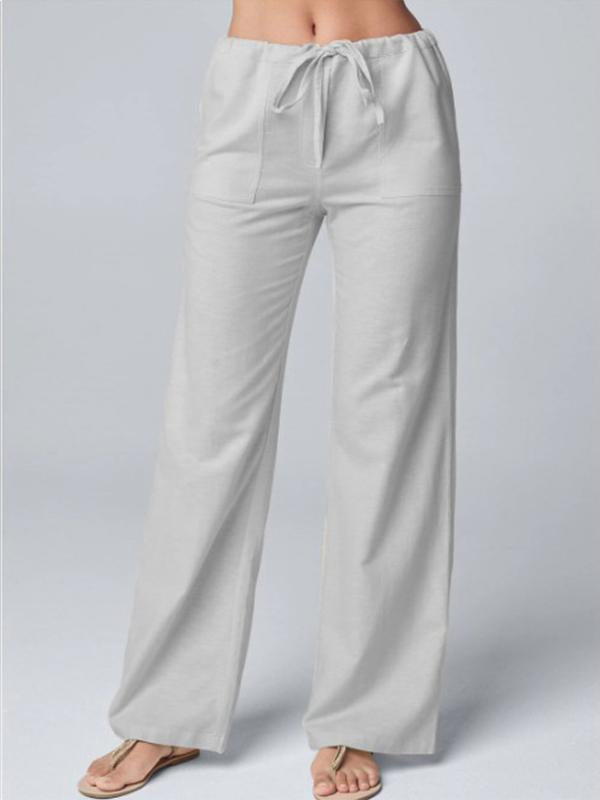 Color Loose Lace-up Cotton Hemp Straight Leg Pants