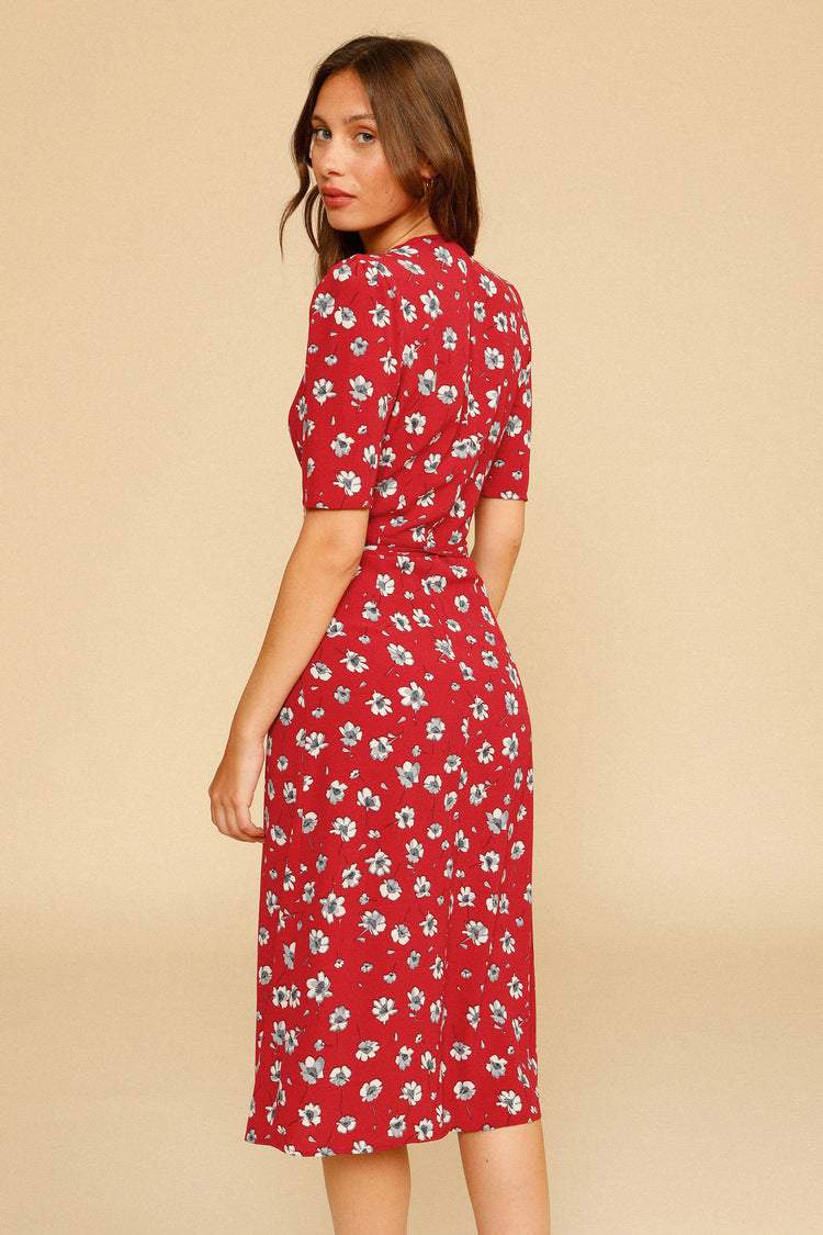 Silk Short Sleeve V-neck Print Midi Dress