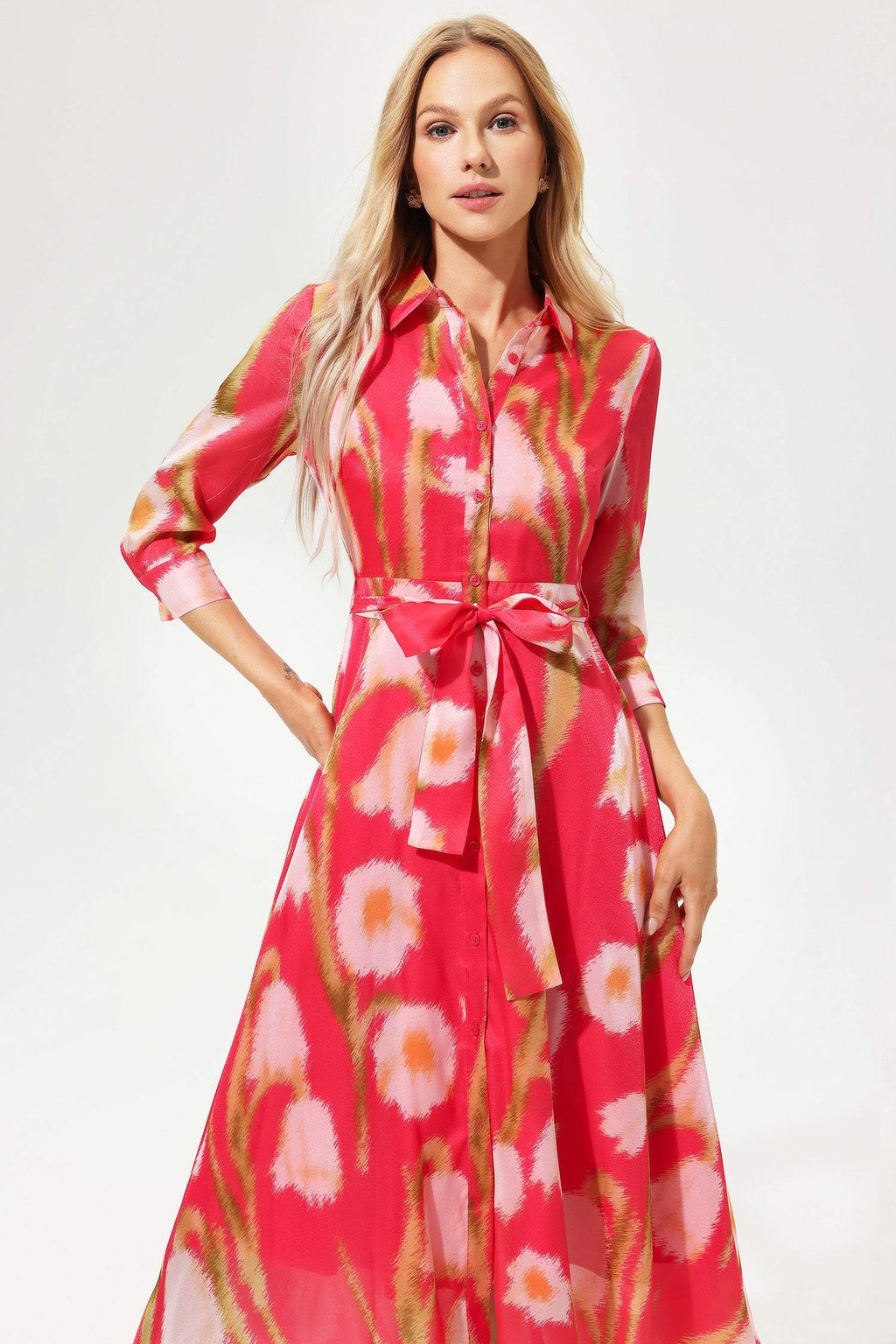 Mid Sleeve Lapel Lace Up Midi Dress