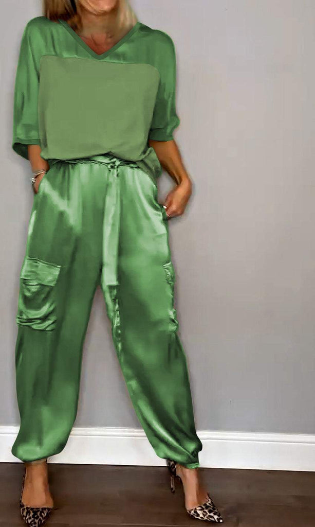 Smooth Satin Half-sleeved Top and Pant Suit Two-piece