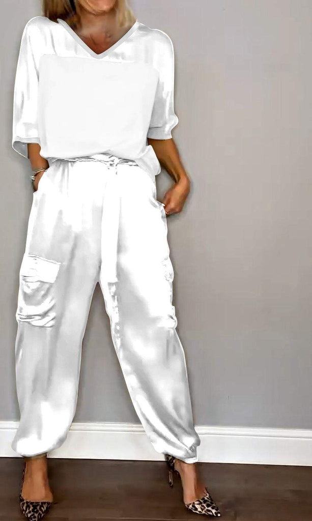 Smooth Satin Half-sleeved Top and Pant Suit Two-piece