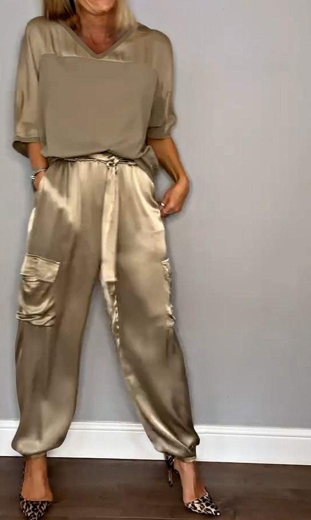 Smooth Satin Half-sleeved Top and Pant Suit Two-piece