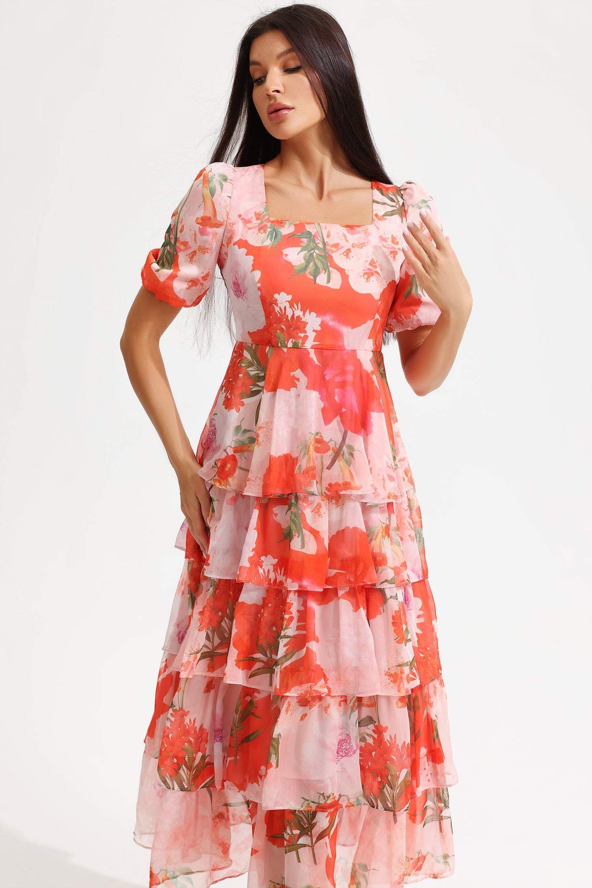 Square Collar Lantern Sleeve Tapered Waist Midi Dress