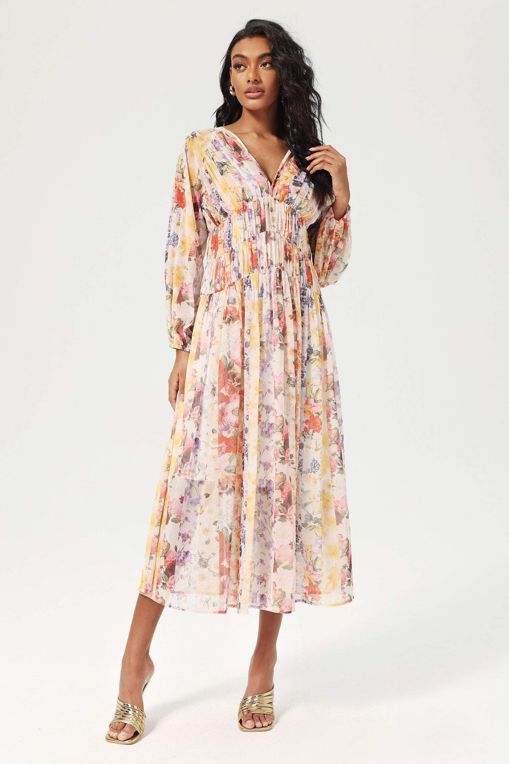 V-neck Lantern Sleeve Midi Dress