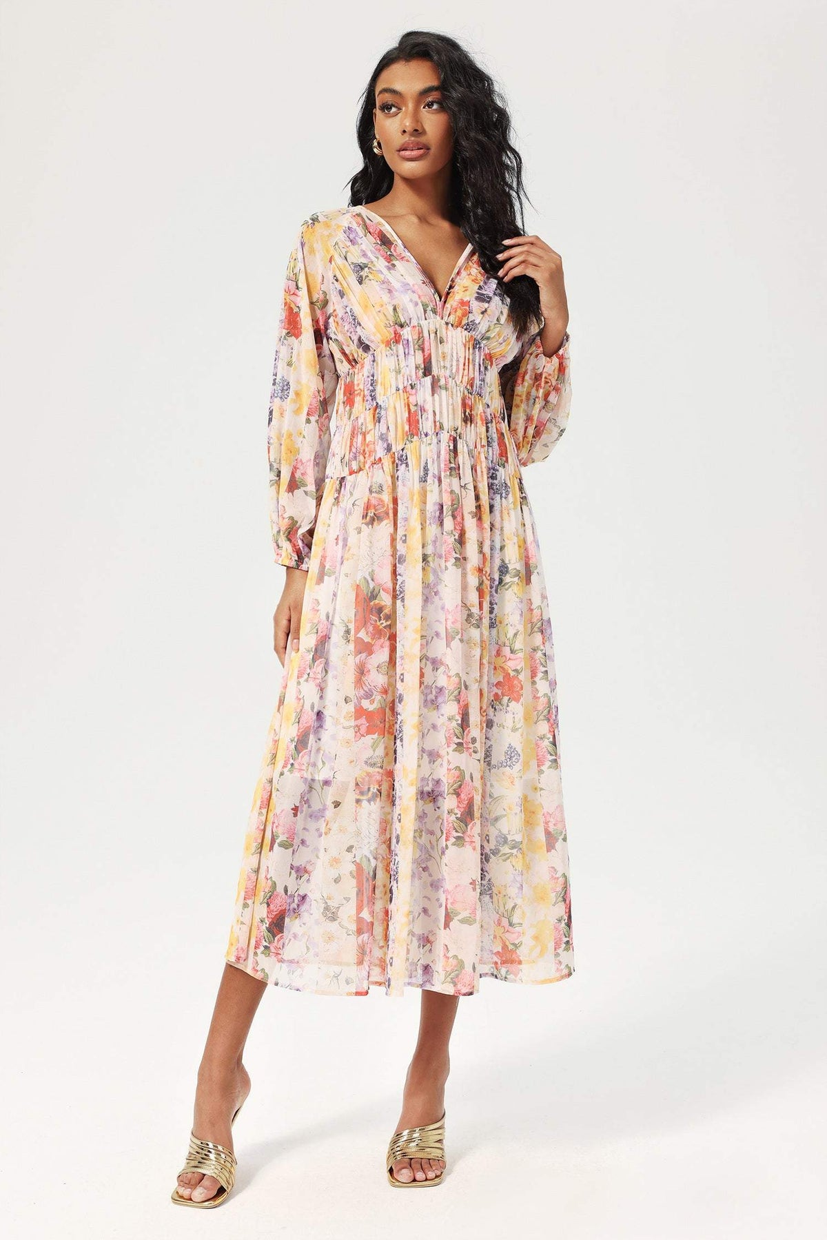 V-neck Lantern Sleeve Midi Dress