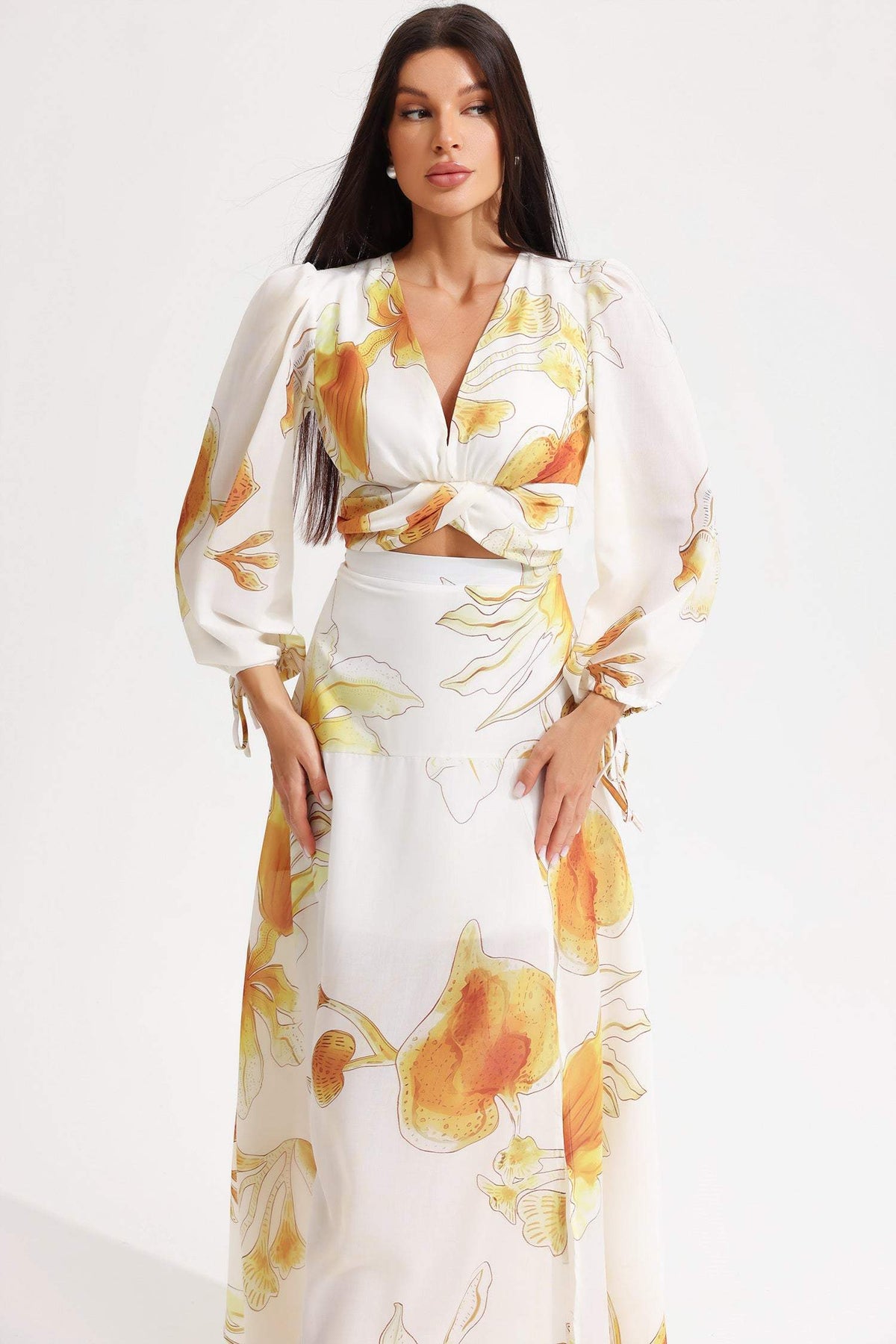 Printed Lantern Sleeve V-neck Cut-out Midi Dress White