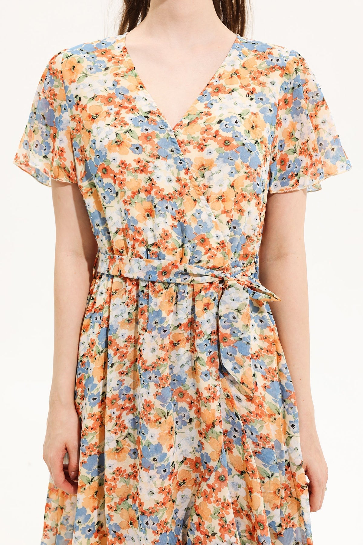 V-neck Short Sleeve Midi Dress Yellow