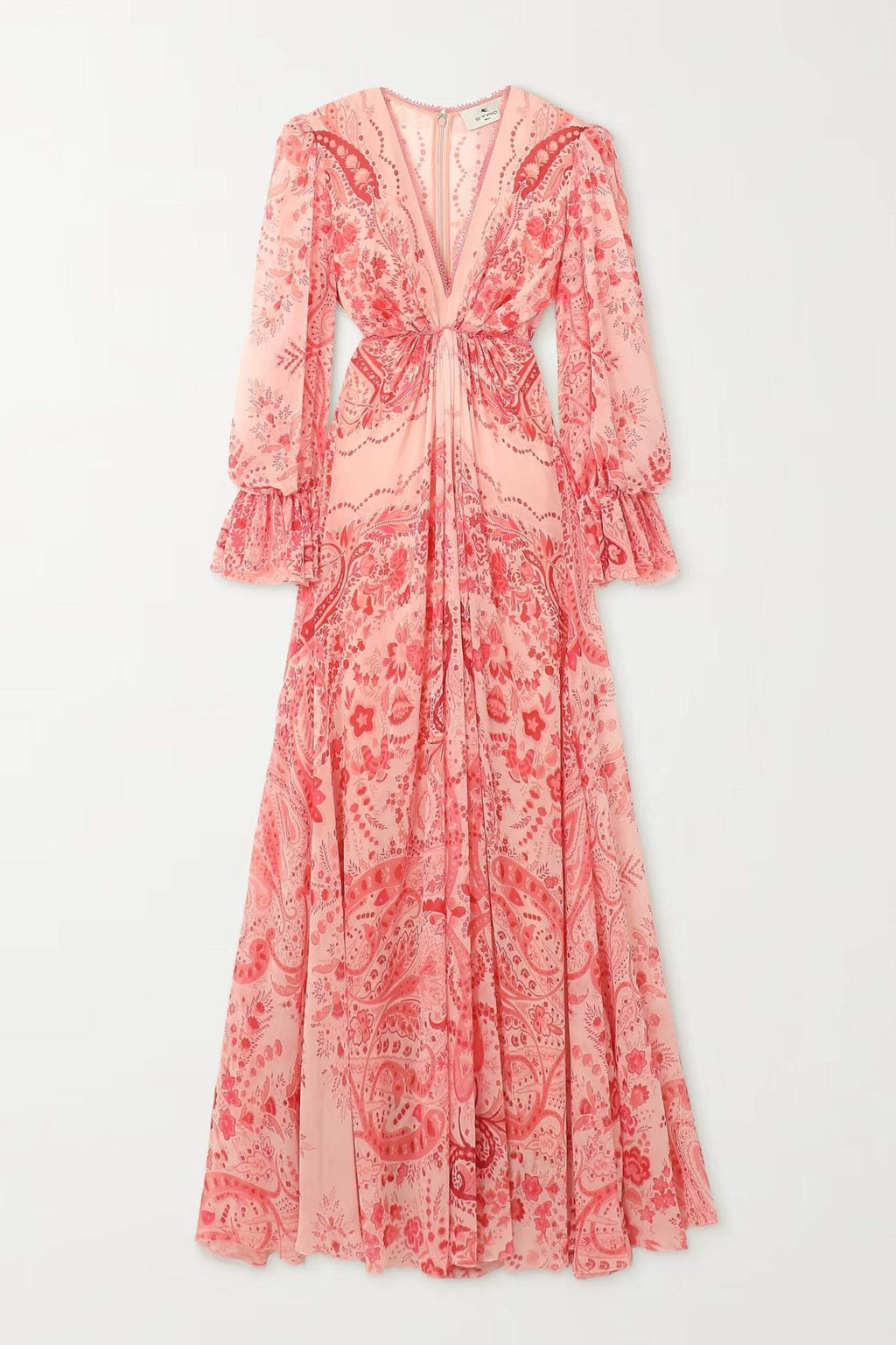 Printed Long Sleeve V-neck Lace Trim Maxi Dress