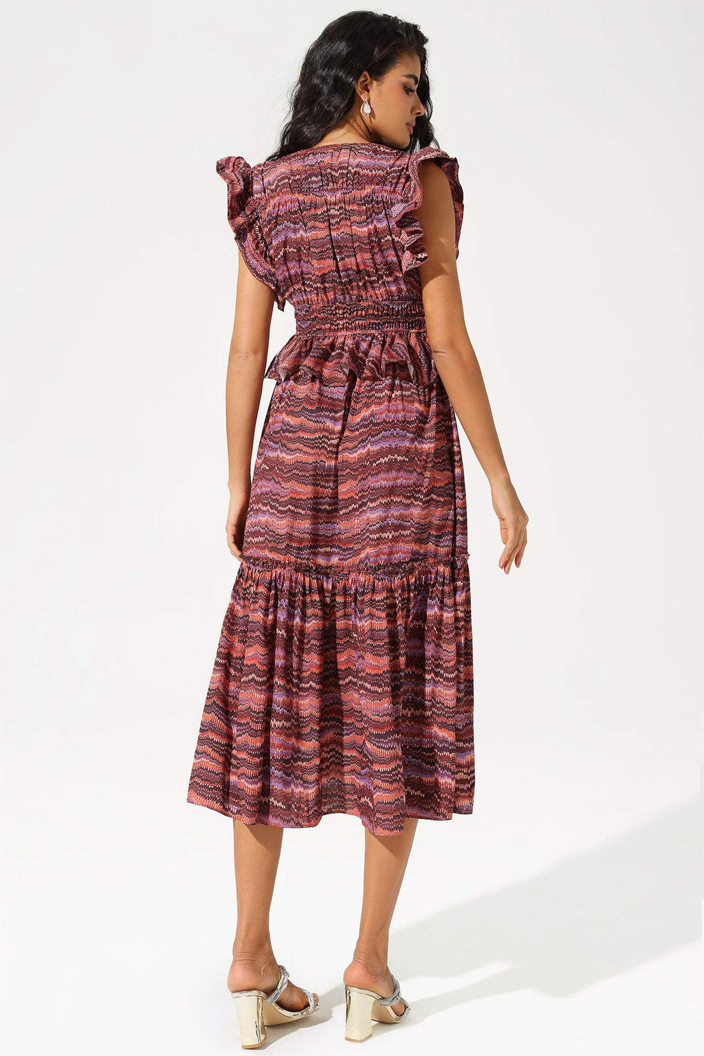 Layered Ruffle Sleeves V-neck Midi Dress