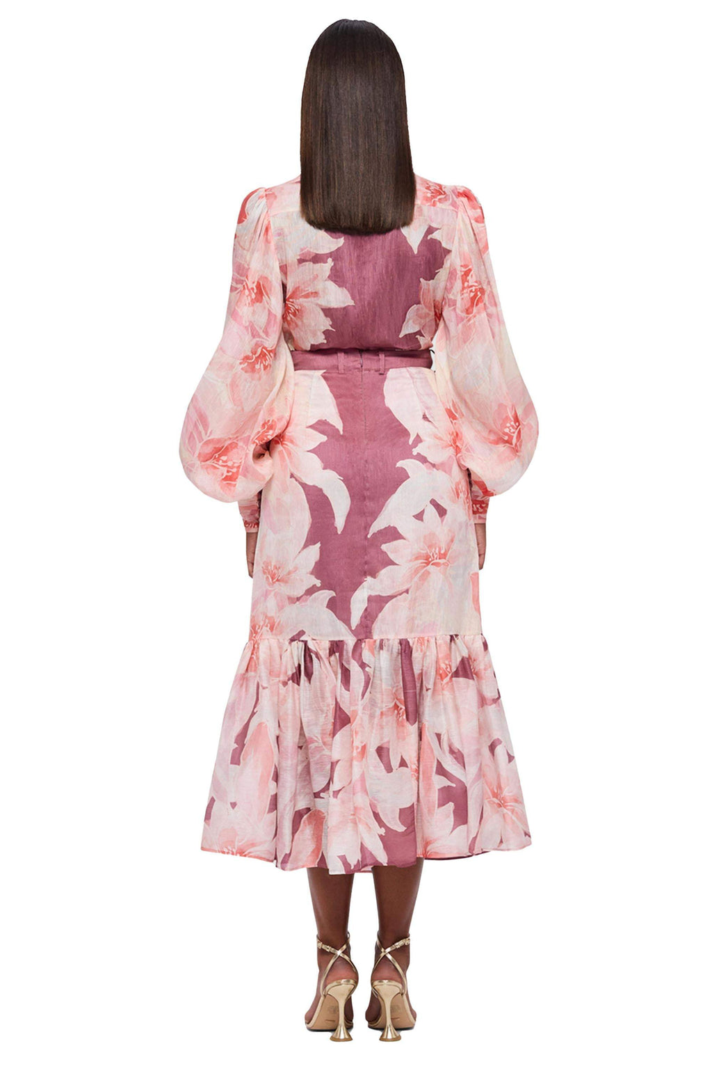 Printed Lantern Sleeve Fishtail Wrapped Hip Midi Dress