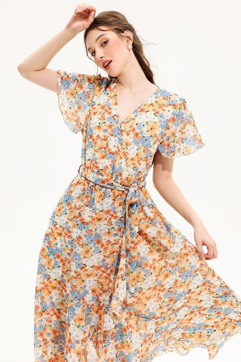 V-neck Short Sleeve Midi Dress Yellow