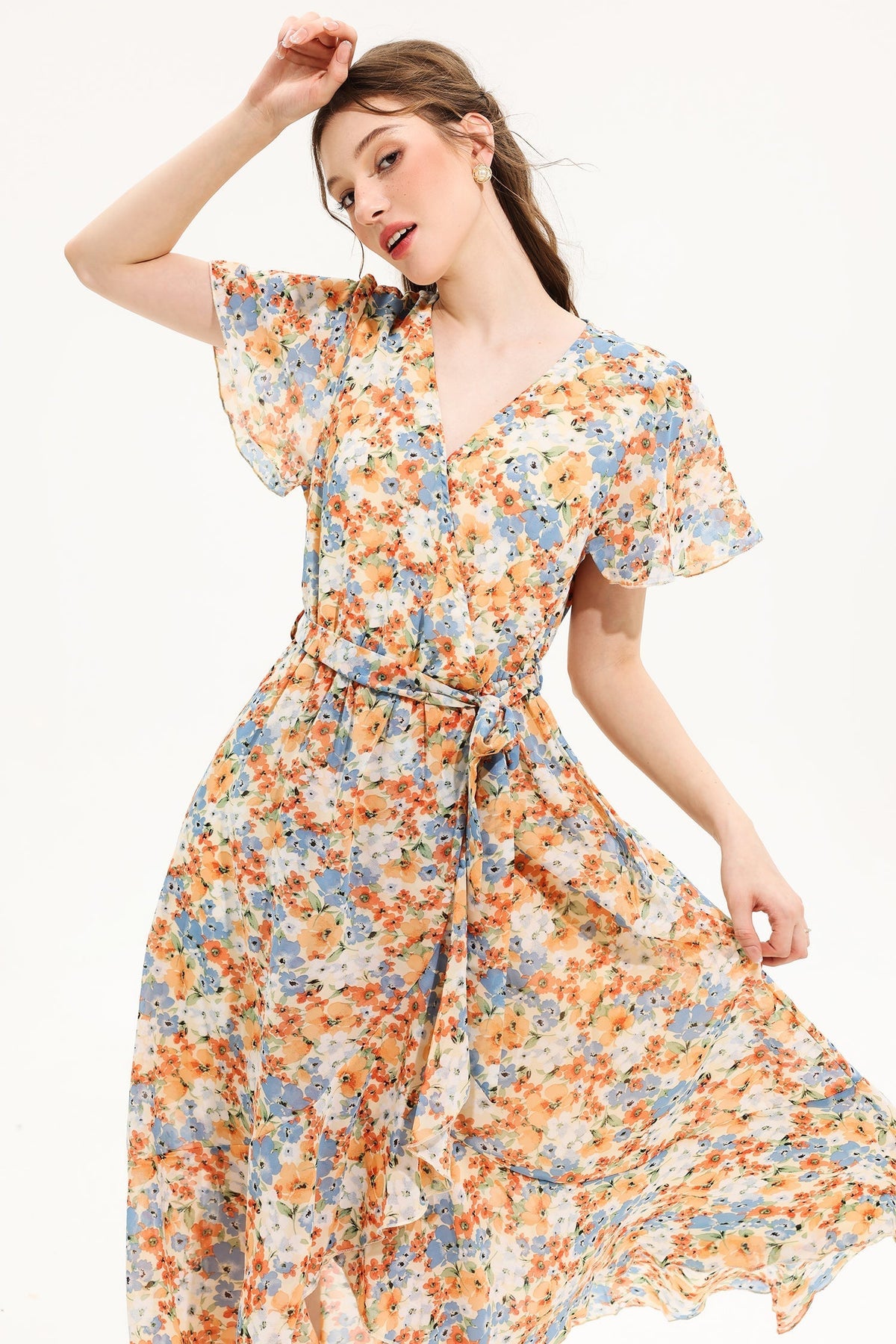 V-neck Short Sleeve Midi Dress Yellow