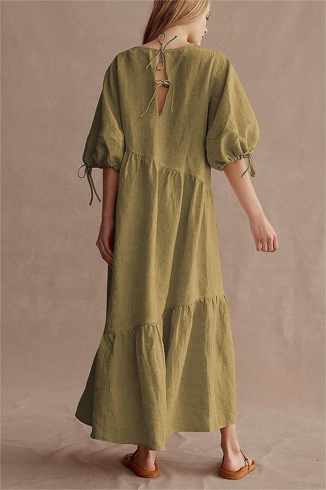 Lantern Sleeve Crew Collar Lace Up Maxi Dress