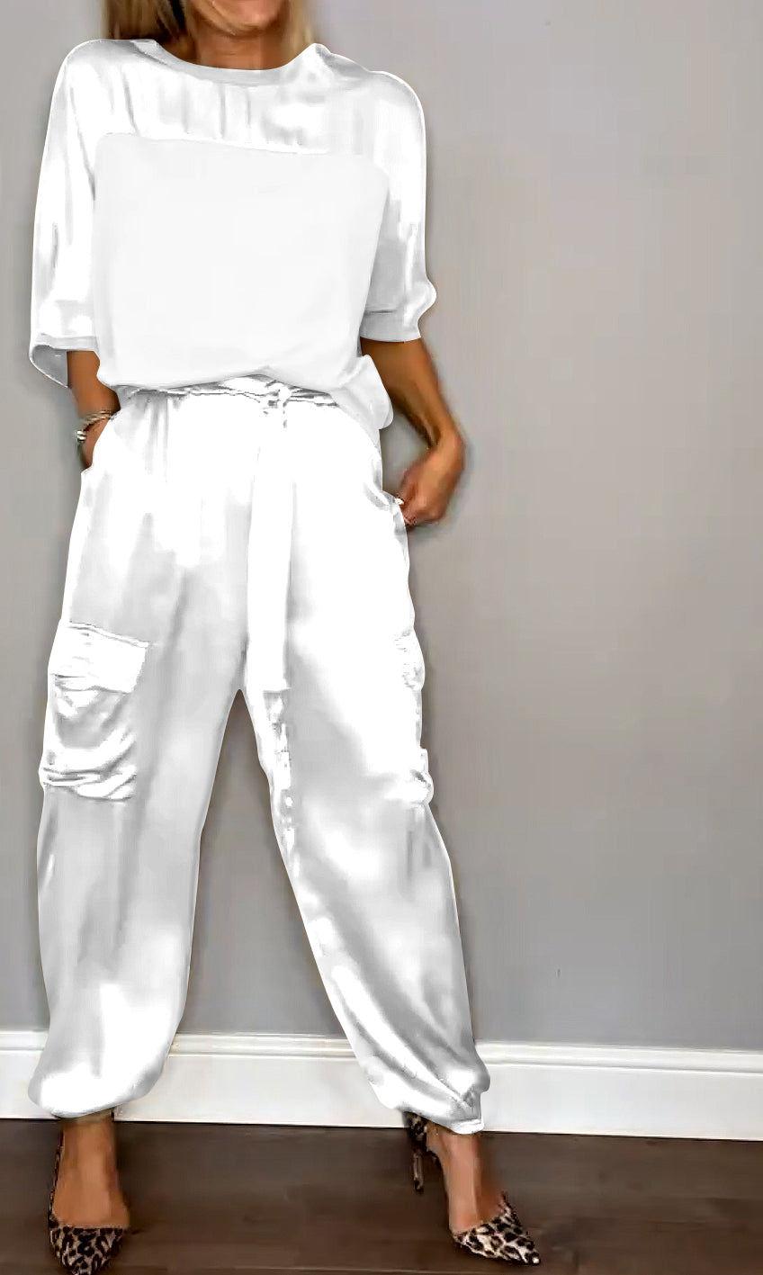 Smooth Satin Half-sleeved Top and Pant Suit Two-piece