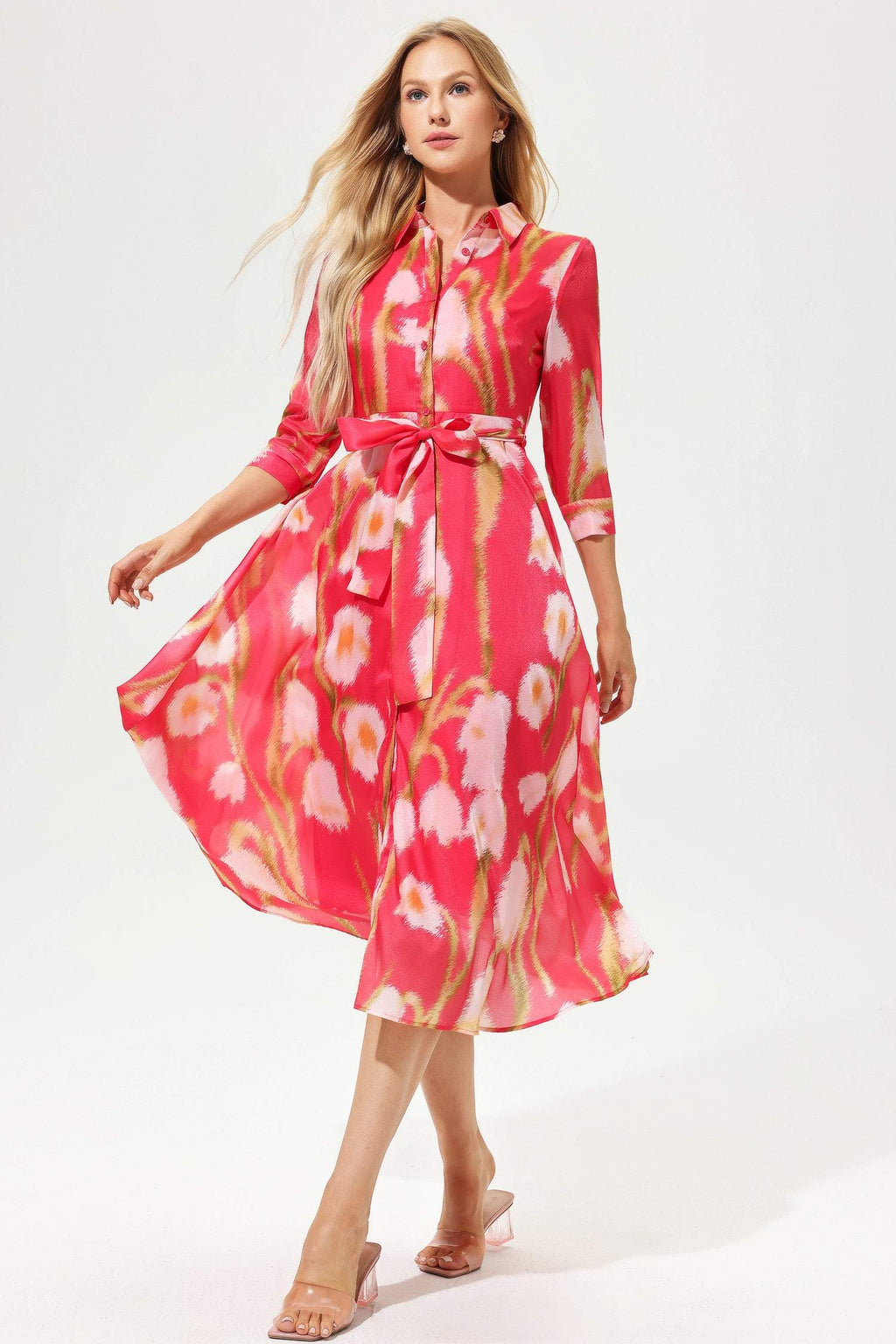 Mid Sleeve Lapel Lace Up Midi Dress