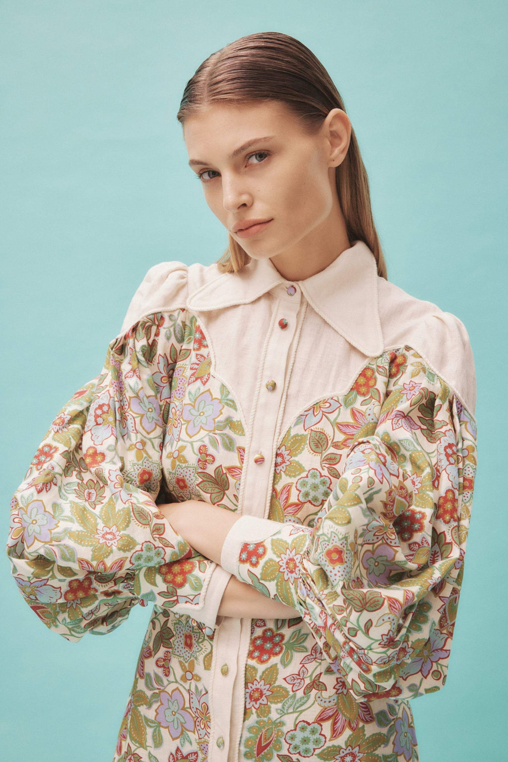 Puff Sleeve Lapel Buttoned Midi Dress