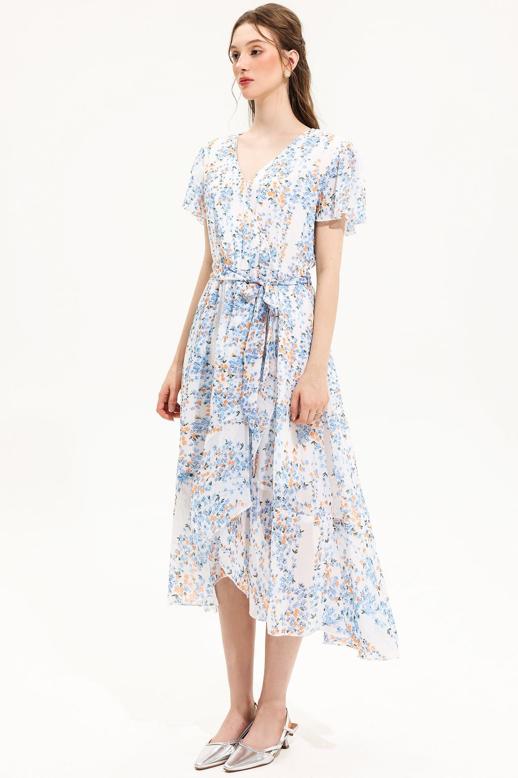 V-neck Short Sleeve Midi Dress Yellow