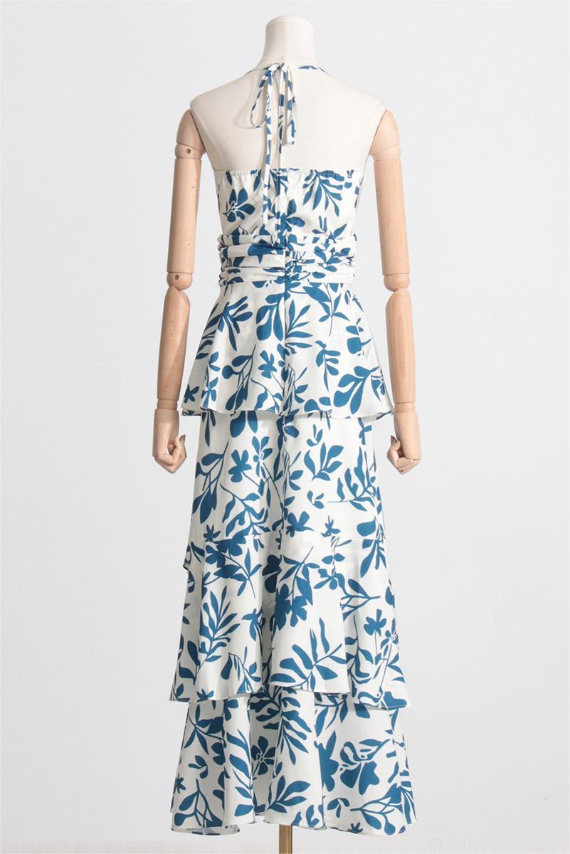 V-neck Cami Printed Ruffle Hem Maxi Dress
