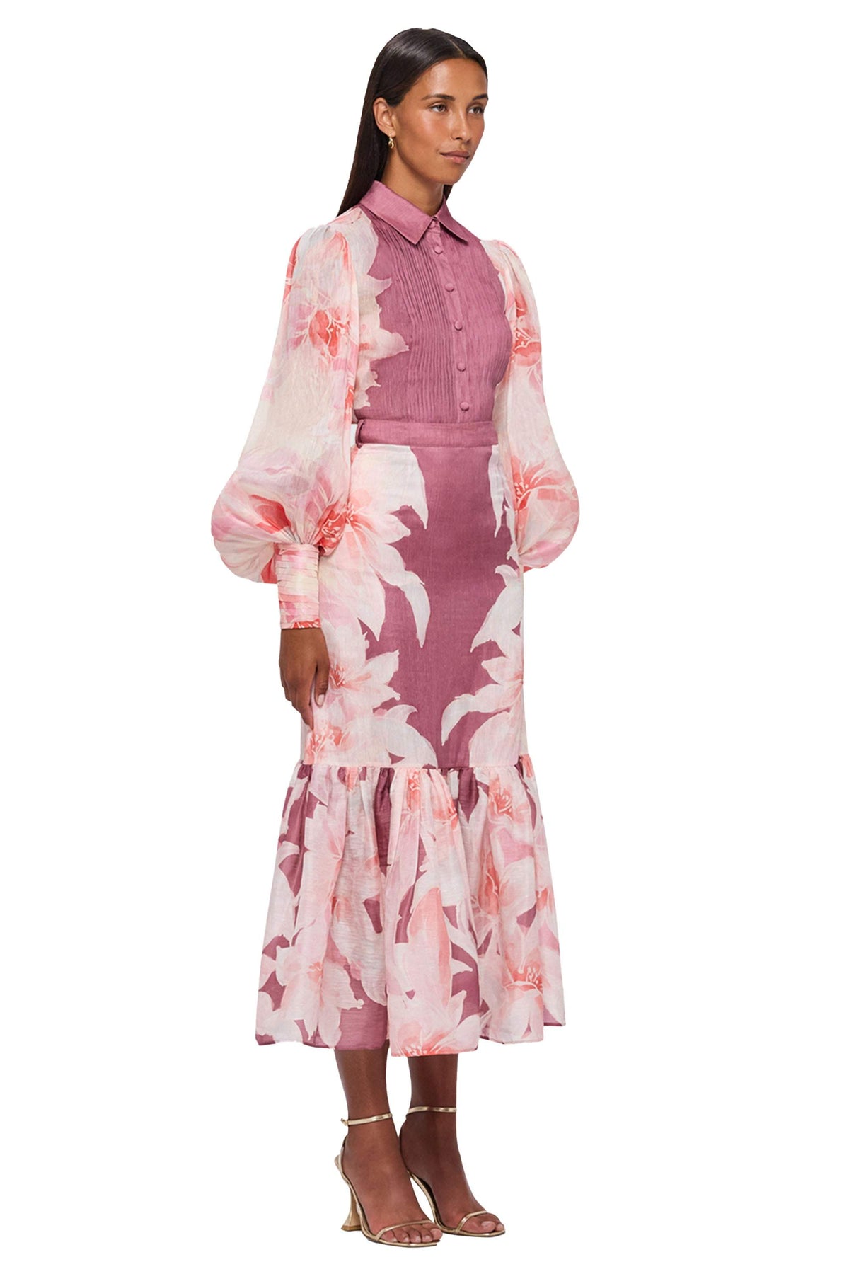 Printed Lantern Sleeve Fishtail Wrapped Hip Midi Dress