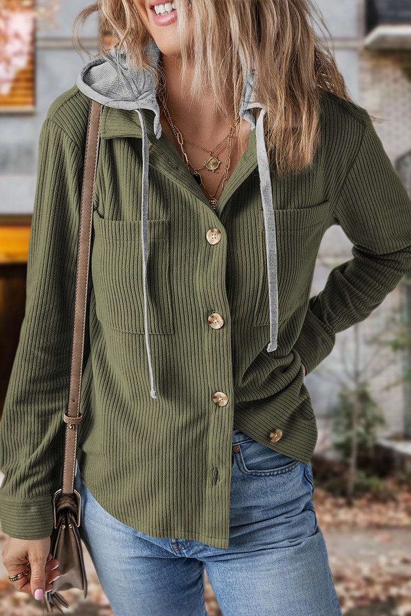 Lapel Button Cardigan Pocket Hood Drawstring Striped Jacket