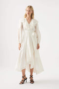 White Long Sleeve V-neck Asymmetric Ruffle Hem Midi Dress