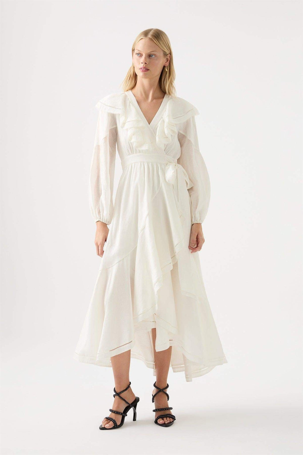 White Long Sleeve V-neck Asymmetric Ruffle Hem Midi Dress