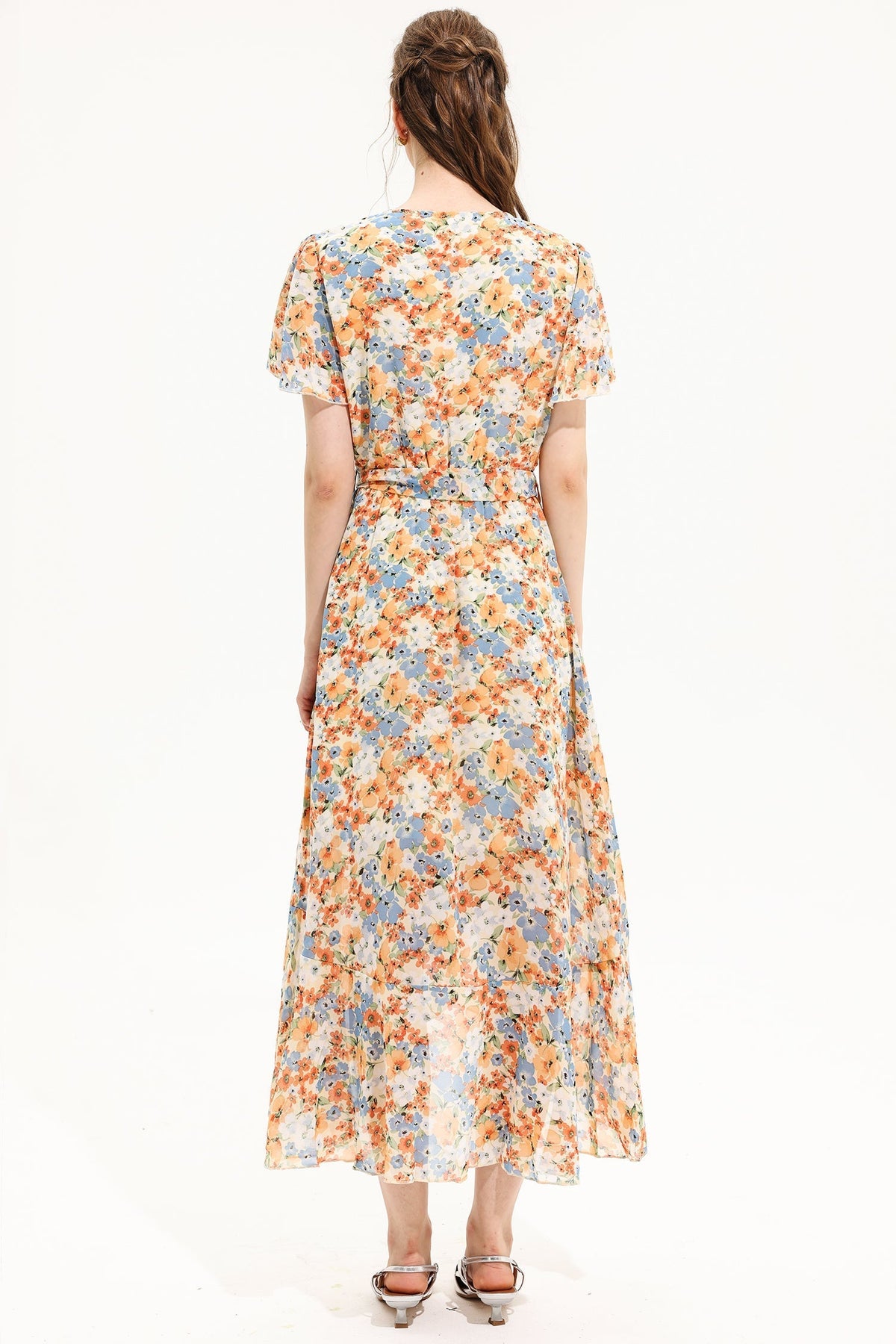 V-neck Short Sleeve Midi Dress Yellow