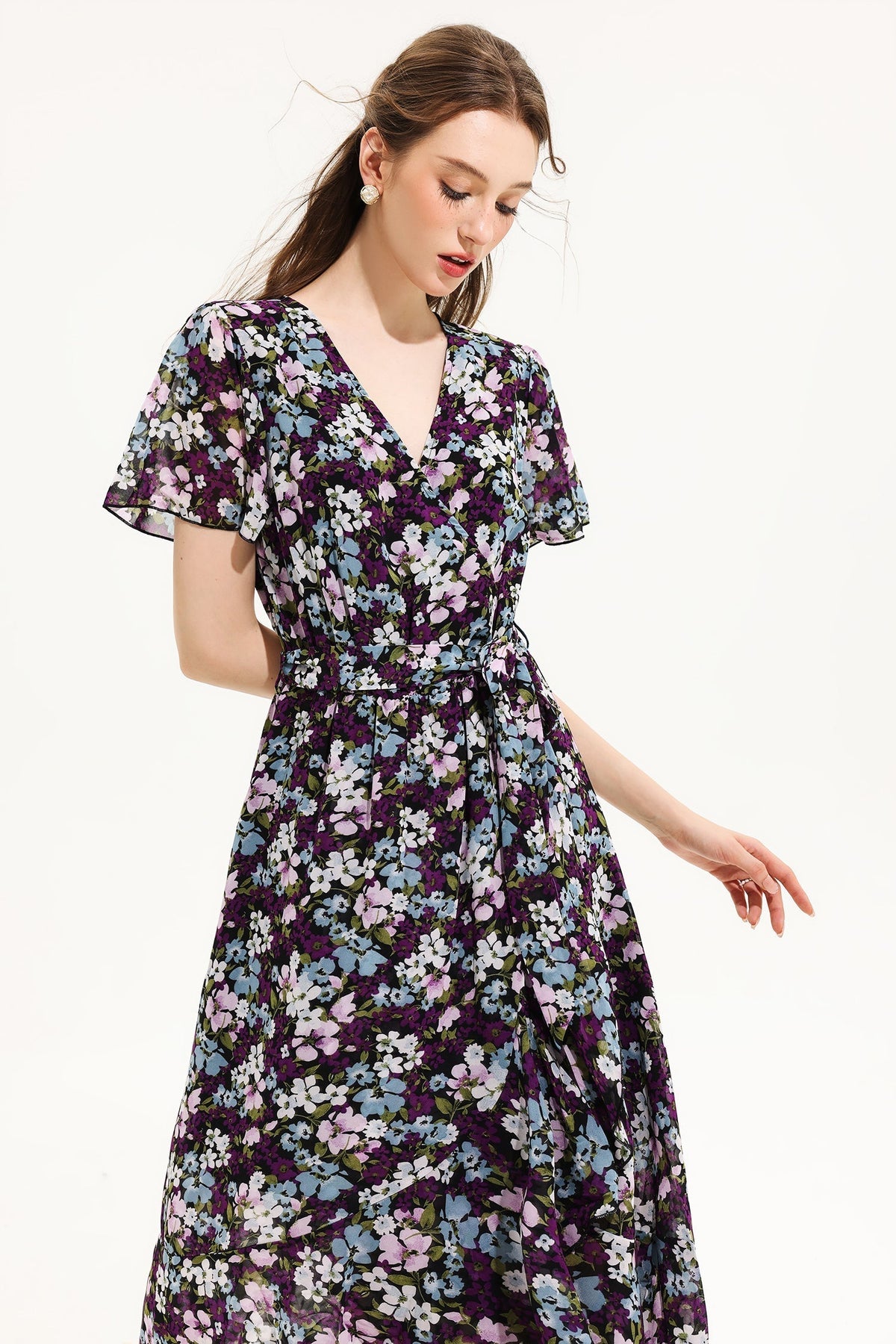 V-neck Short Sleeve Midi Dress Yellow