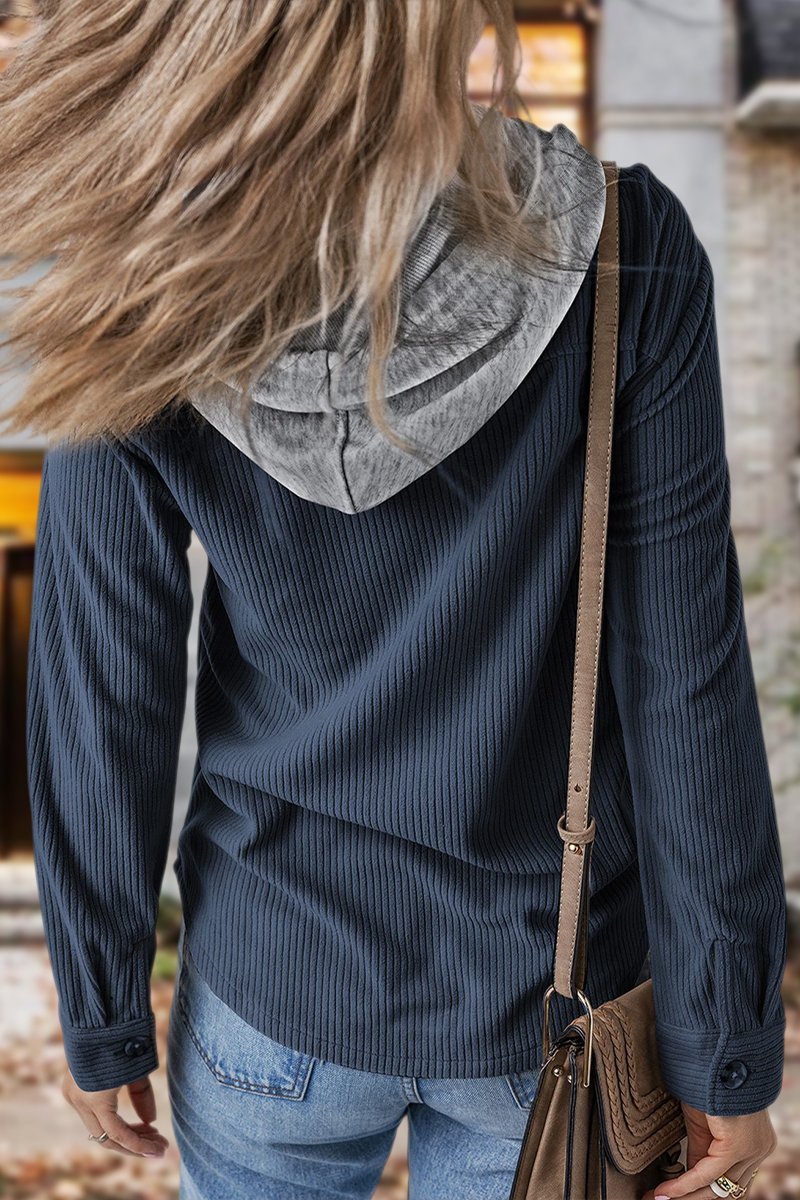 Lapel Button Cardigan Pocket Hood Drawstring Striped Jacket